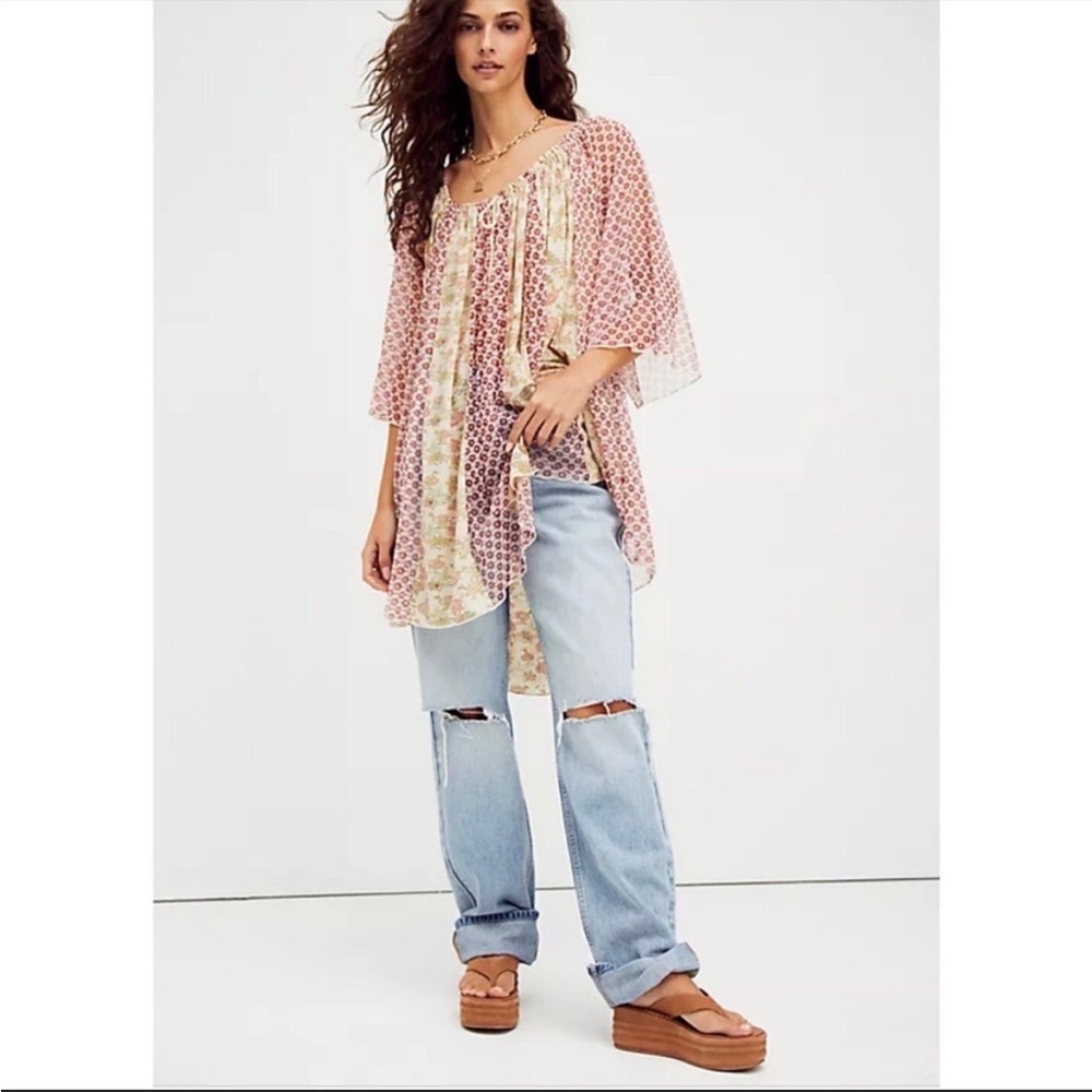 Free People Because I Love You! Printed Oversized Tunic Dress Sheer Large